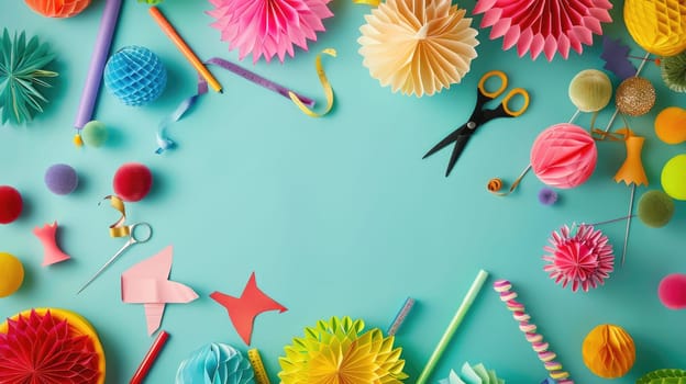There is an array of craft supplies on the table including green textiles, plant motifs, aqua paint, magenta patterns, and creative art materials AIG50