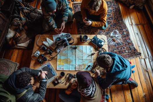 The picture of the group of the young or adult caucasian human focus and looking at a map of the world in a small room that has been filled with various object under bright sun in the daytime. AIGX03.