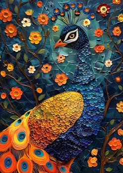 A vibrant painting featuring a colorful peacock amidst a plethora of flowers. The creative arts intertwine as the birds orange feathers pop against the intricate plant patterns