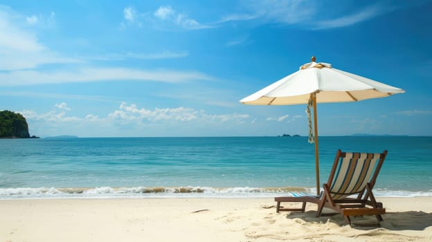 A chair and an umbrella provide shade on the sandy beach, with the azure sky reflecting in the crystal clear water of the oceanic coastal landforms AIG50