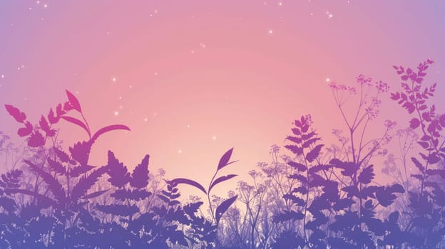A row of tree silhouettes with twisted twigs against a pink and violet dusk sky, creating a serene natural landscape atmosphere AIG50