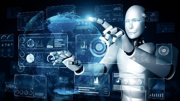 MLP 3d illustration AI hominoid robot touching virtual hologram screen showing concept of big data analytic using artificial intelligence thinking by machine learning process. 3D rendering.