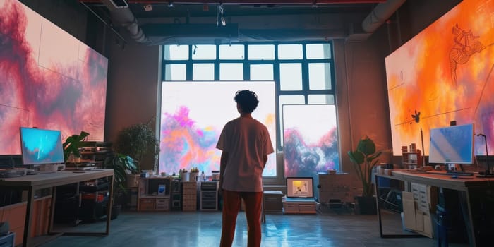 Professional artist or visitor looking and impressing digital art by using technology innovation at art studio. Smart graphic designer designing and creating art work. Modern artistic painting. AIG42.