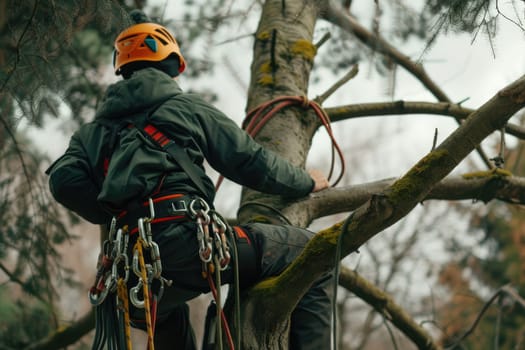 Low angle camera of professional engineer climbing a large tree wearing safety gear and safety helmet. Skilled arborist working and measuring tree while holding the safety rope. Environmental. AIG42.