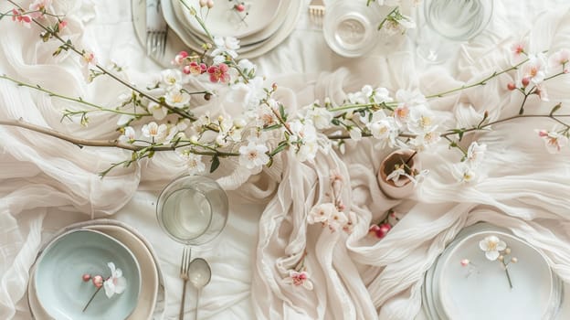A beautifully arranged table featuring plates, silverware, and a stunning centerpiece of flowers including roses. The peachcolored petals add a touch of elegance to the creative arts display AIG50
