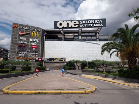 Thessaloniki, Greece One Salonica Outlet Mall exterior with logo and featured brands signs.
