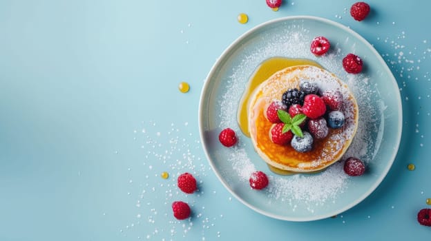 A stack of pancakes topped with strawberries and blueberries on a plate. The perfect combination of sweet fruit and fluffy pancakes, a delicious breakfast choice AIG50