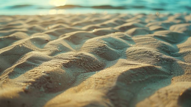 A close up of a sandy beach with waves crashing onto the shore, showcasing the beauty of natures water and wind waves in a natural landscape AIG50