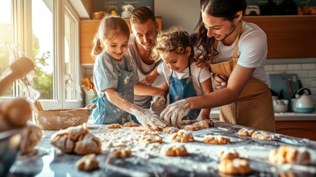 The family, wearing hats, is cooking together in the kitchen, sharing recipes and ingredients, preparing delicious food with smiles on their faces. AIG41