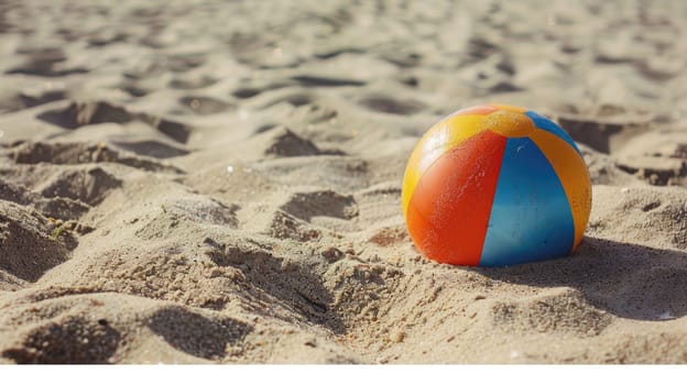 An electric blue beach ball rests on the sandy shore, adding a pop of color to the natural landscape surrounded by grass and soil. A fun fashion accessory for beach recreation AIG50