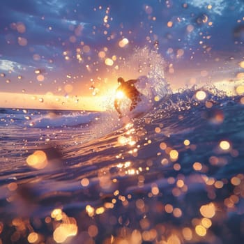 A person is happily riding a wave on a surfboard in the liquid world of the ocean, surrounded by the vast sky and majestic astronomical objects AIG50
