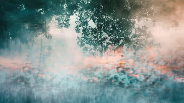 A hazy image of a lake surrounded by trees, with the sun reflecting in the water. The sky is a mix of tints and shades, creating a natural landscape with an electric blue hue AIG50