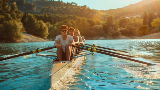 Four men rowing in a boat on a lake. AIG51A.