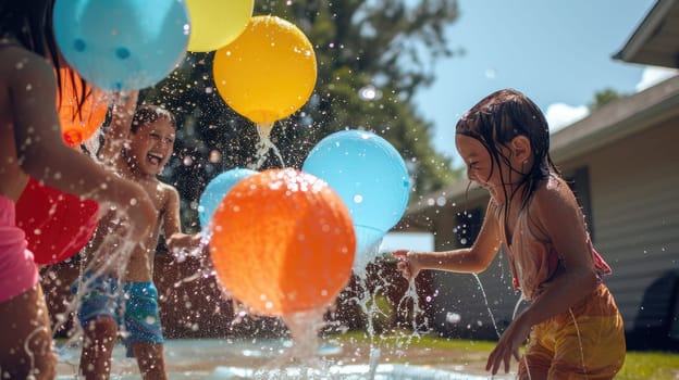 A joyful event unfolds as a group of children happily engage in a leisurely backyard activity, playing with water balloons. AIG41