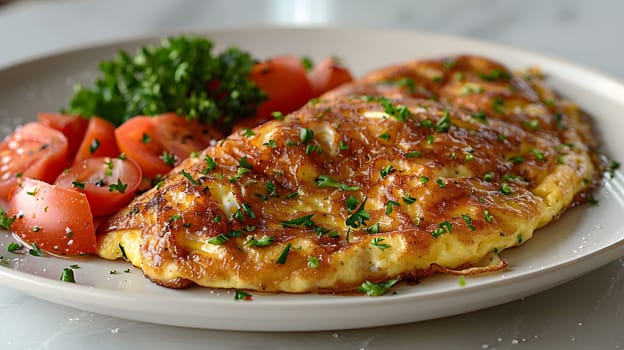 A dish featuring a white plate topped with a delicious omelet made with fines herbes, tomatoes, and other ingredients, served as a tantalizing and flavorful cuisine garnished with fines herbes