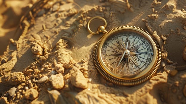 An automotive tire rests on a bed of soil, surrounded by a circle of wood and metal. A compass lies on top, set against a landscape of electric blue water and art AIG50