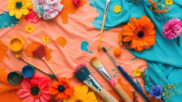 A variety of fabrics and flowers, including electric blue petals and roses, are arranged on a table alongside fictional characters and fractal art AIG50