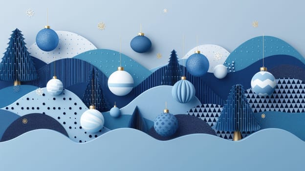 Blue and white paper cut Christmas tree and ornaments. AIG51A.
