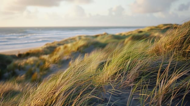 A natural landscape of tall grass stretching towards the horizon with the ocean in the background. Clouds float in the sky above the fluid water AIG50