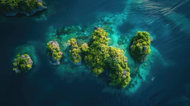 A breathtaking aerial view of a cluster of small islands surrounded by crystal clear water in the center of a serene lake, showcasing the beauty of natural landscape and marine biology AIG50