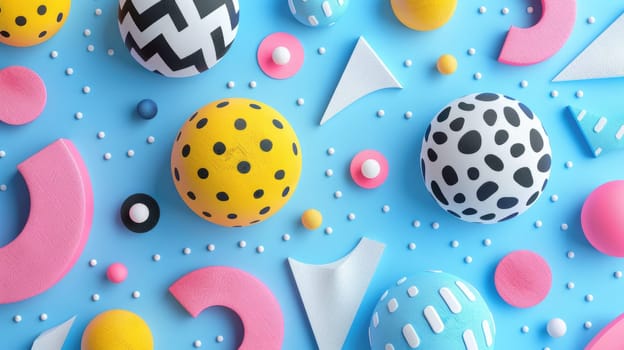 3D rendering of polka-dotted spheres and geometric shapes in pastel colors on a blue background. AIG51A.