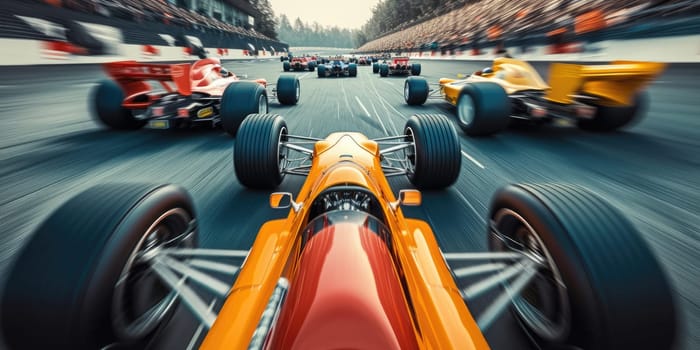 Group of racing car moving at high speed along racetrack with high speed. Racing car, propelled by the immense power of engine, hurtles down racetrack with incredible slicing through the air. AIG42.