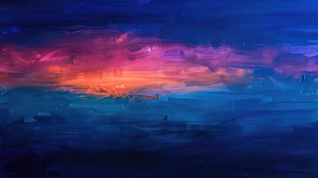 The sky resembles a galaxy with an array of clouds in shades of blue, purple, violet, and magenta. The cumulus formations create an artlike scene, with hues of electric blue and water AIG50