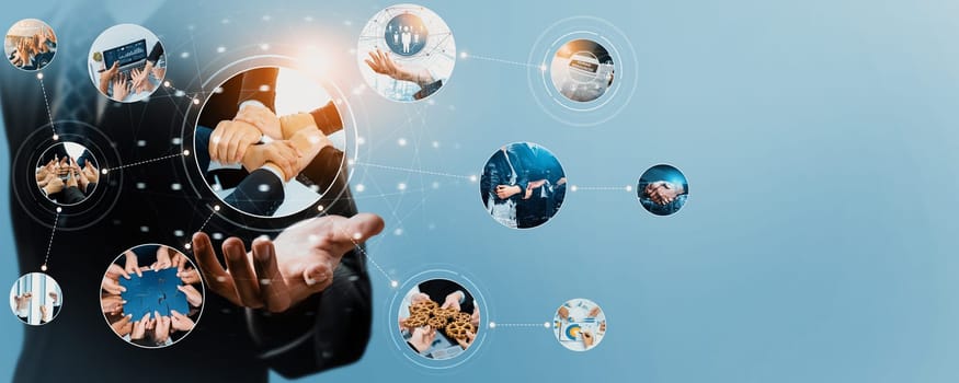 Teamwork and human resources HR management technology concept in corporate business with people group networking to support partnership, trust, teamwork and unity of coworkers in office kudos