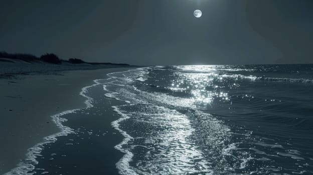 The full moon casts a shimmering light over the liquid surface of the ocean at night, creating a mesmerizing atmosphere with clouds and a clear sky AIG50