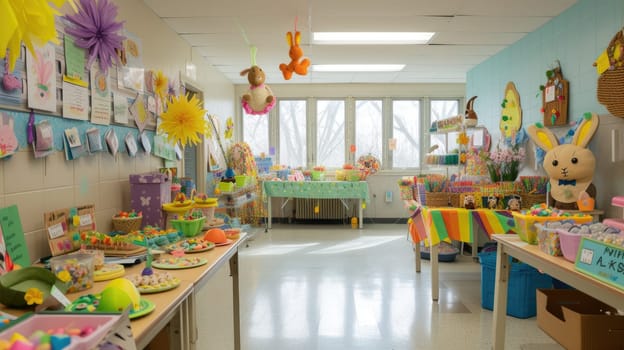 Photography of classroom decorated with colorful paper in easter egg day for celebrated spring season. Elementary school celebrated in easter egg festival with creative rabbit doll and mask. AIG42.