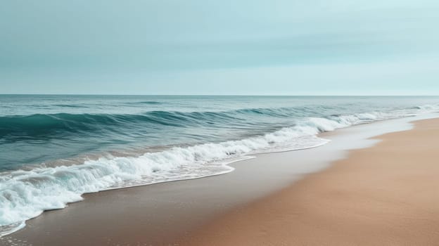In the background is the ocean. The water is a deep blue color and there are whitecaps on the sea waves rolling in towards the shore surrounded sand at tropical island or seashore in summer. AIG42.
