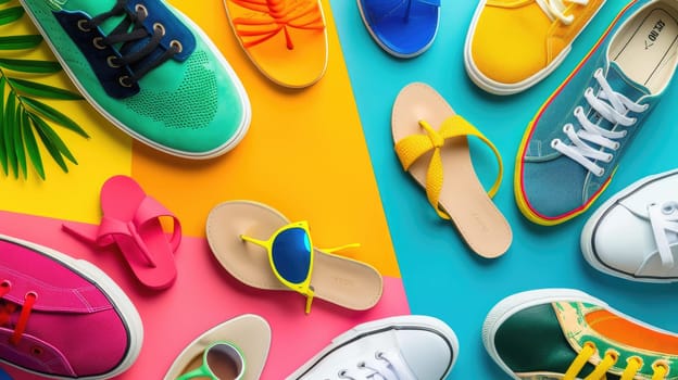 There is a variety of shoes and sandals displayed on a colorful background, including walking shoes, outdoor shoes, and electric blue and orange sandals. The vibrant display is like a work of art AIG50
