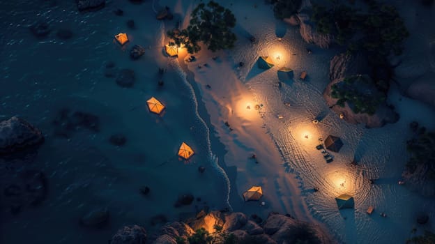 A captivating aerial view of a beach at night with a string of lanterns illuminating the waters edge, creating a magical atmosphere under the cover of darkness AIG50