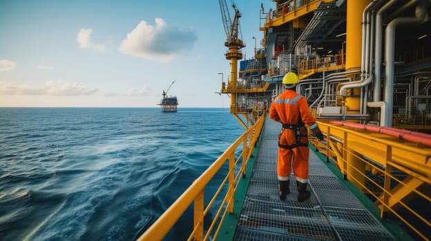 A man travels across the water, on a bridge connecting the oil rig to the boat, under a sky filled with clouds and naval architecture. AIG41