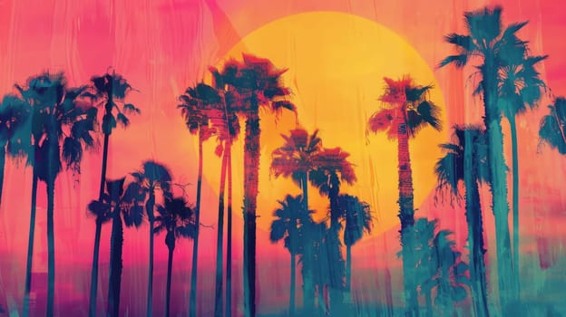 A breathtaking sunset scene with palm trees in the foreground, the sun setting in the background, casting a warm glow on the sky and creating a peaceful atmosphere AIG50