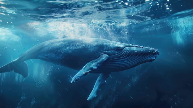 A blue whale swims gracefully through the deep blue ocean. AIG51A.