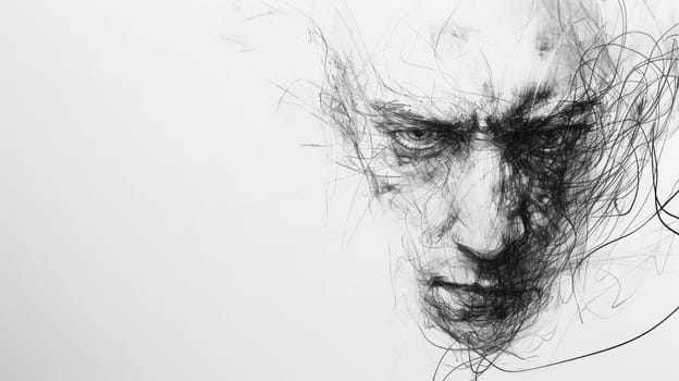 Portrait of older middle age people with wrinkles staring with stress or tension. Unhappy old man painting or drawing with abstract black line art. Focus on face. Minimalist art concept. AIG42.