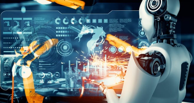 MLP Mechanized industry robot and robotic arms for assembly in factory production. Concept of artificial intelligence for industrial revolution and automation manufacturing process.