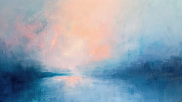 A rectangle painting of a natural landscape featuring a lake with a beautiful sunset in the background. The sky is filled with cumulus clouds, creating a stunning art piece AIG50