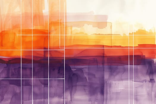 Colorful watercolor with gradient of sunset painting with white squares. A colorful abstract painting with vibrant shades of purple and orange. Image of brushstrokes in the orange and purple. AIG42.