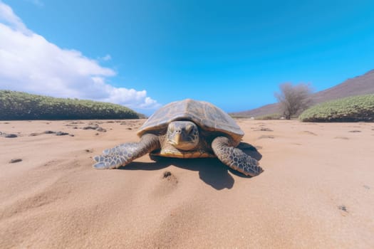 A close up of a sea turtle on a beach with a blurred background. AIG51A.