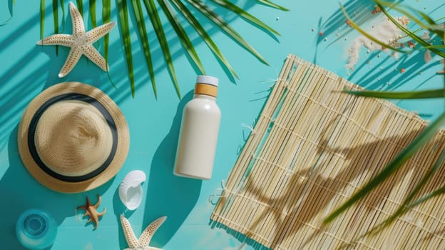 A wooden table adorned with a hat, water bottle, starfish, palm leaves, and shells, creating a natural and botanical design inspired by plant life and nature AIG50