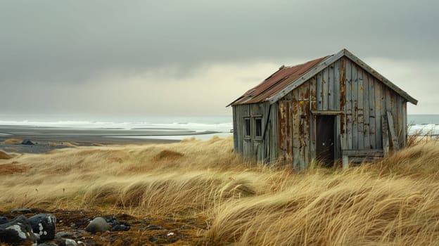 A small wooden house stands on a beach by the ocean under a cloudy sky, blending into the natural landscape with its rustic facade AIG50