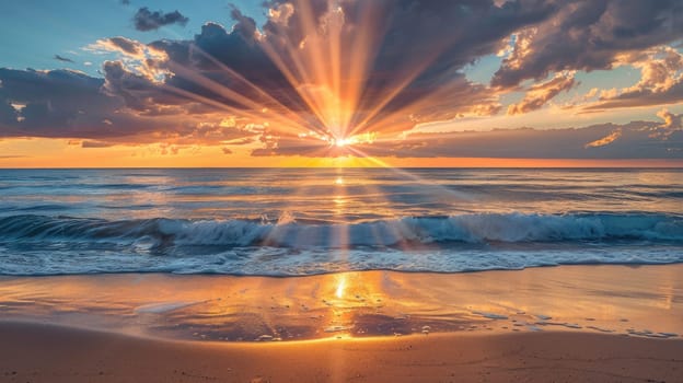 The suns rays pierce through the cumulus clouds above the ocean, creating a stunning natural landscape of light and shadows on the waters surface AIG50