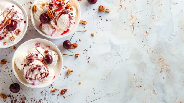 There is a variety of ice cream flavors in the bowls, featuring different ingredients and produce. This dessert is a favorite food item in many cuisines AIG50