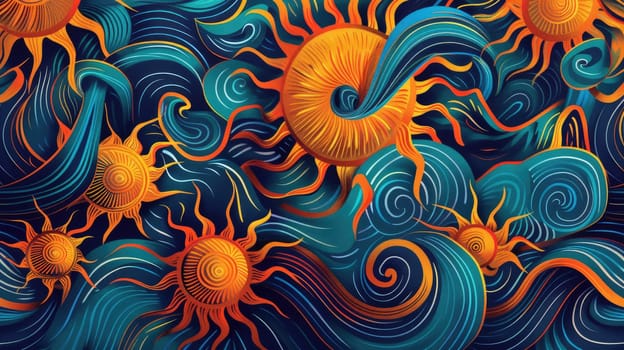 Textile sleeve featuring an intricate pattern of suns, moons, and swirls on a black background. The design incorporates elements of organisms, plants, and art in electric blue, aqua, and symmetry AIG50