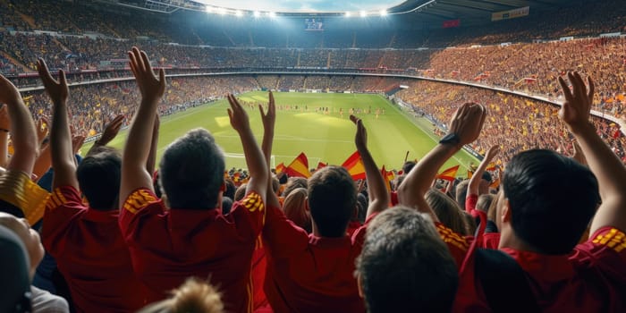 A group of soccer fans at a sports event, standing in a stadium with arms raised in a gesture of leisure and entertainment, engaged in a thrilling football competition. AIG41