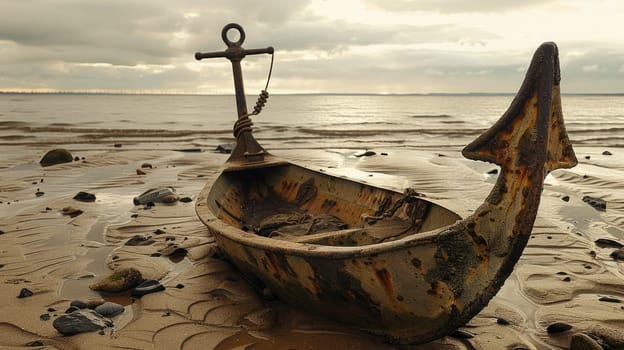 A weathered anchor rests on the sandy beach, surrounded by the gentle lapping of water. Nearby, a vibrant plant adds a touch of life to the serene scene AIG50