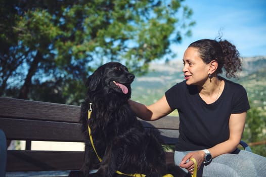 Happy woman and black cocker spaniel dog on the bench in the mountains. People and animals. Playing pets and domestic animals concept