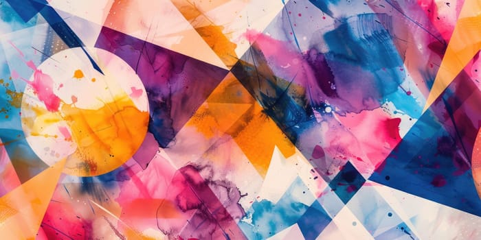 Abstract picture of geometry was painted with vibrant watercolor paint brush.Artwork of geometric shape element picture with colorful splatter pastel color painted in paper. Canvas. AIG42.